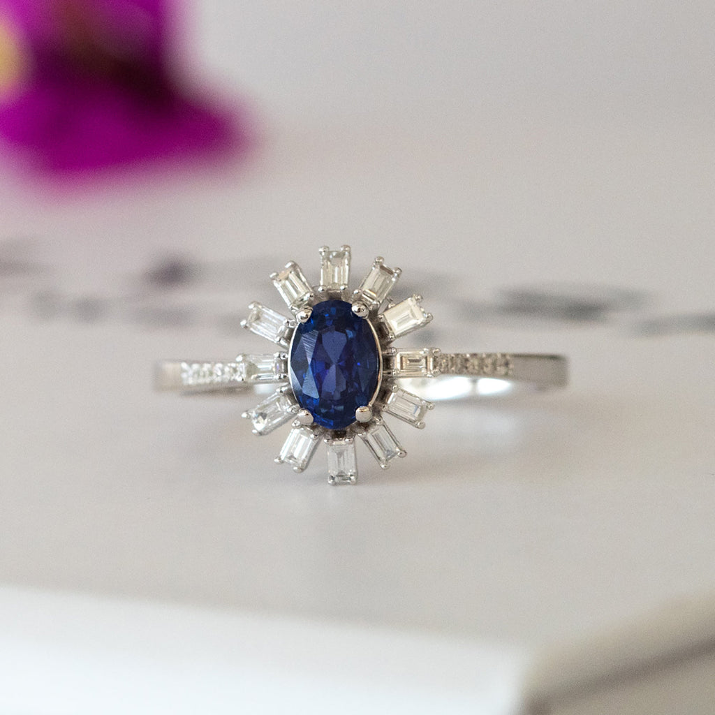 14 White Gold Blue Sapphire and Baguette Diamond Ring