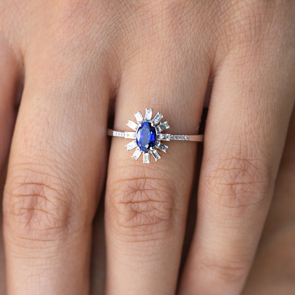 14 White Gold Blue Sapphire and Baguette Diamond Ring