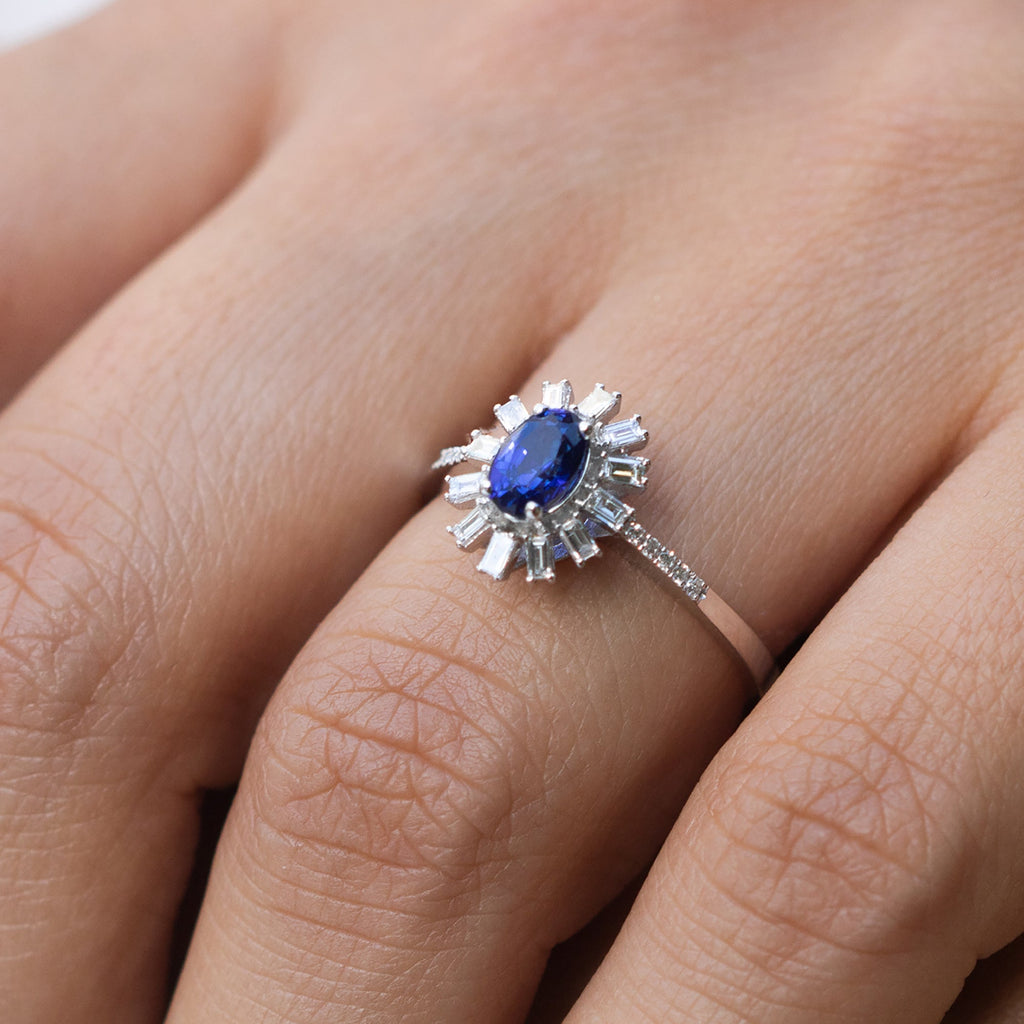 14 White Gold Blue Sapphire and Baguette Diamond Ring