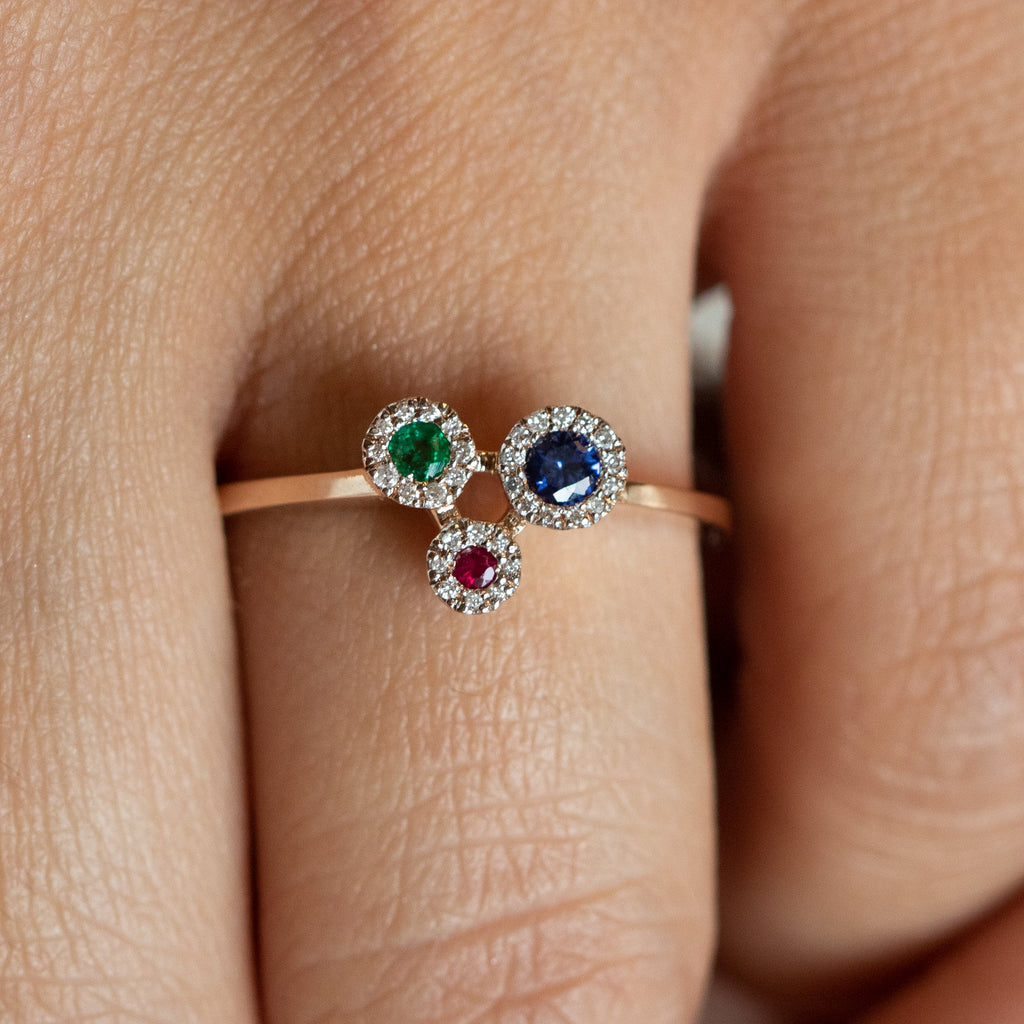 14K Rose Gold Sapphire Ruby Emerald and Diamond Ring