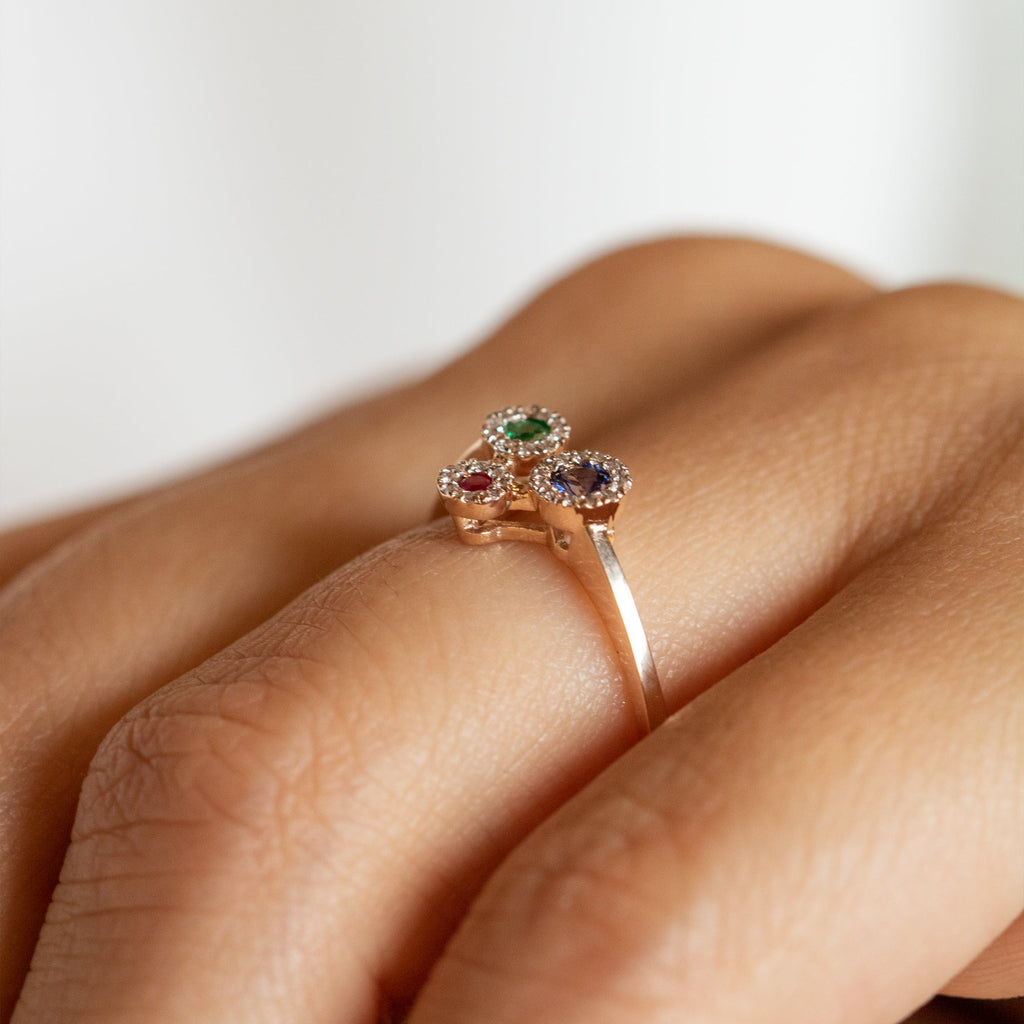 14K Rose Gold Sapphire Ruby Emerald and Diamond Ring