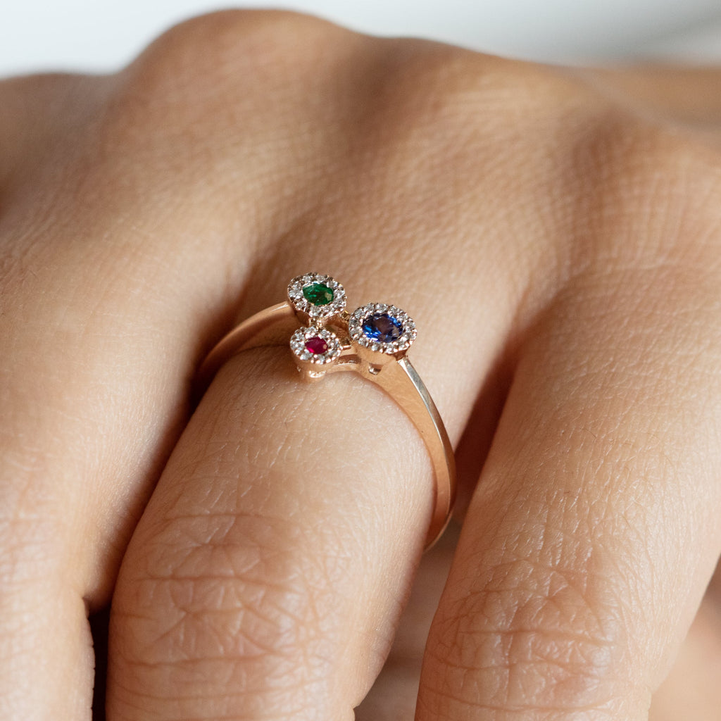 14K Rose Gold Sapphire Ruby Emerald and Diamond Ring