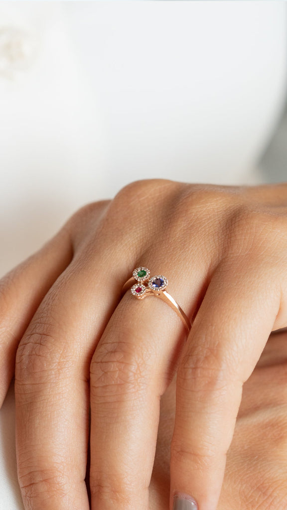 14K Rose Gold Sapphire Ruby Emerald and Diamond Ring