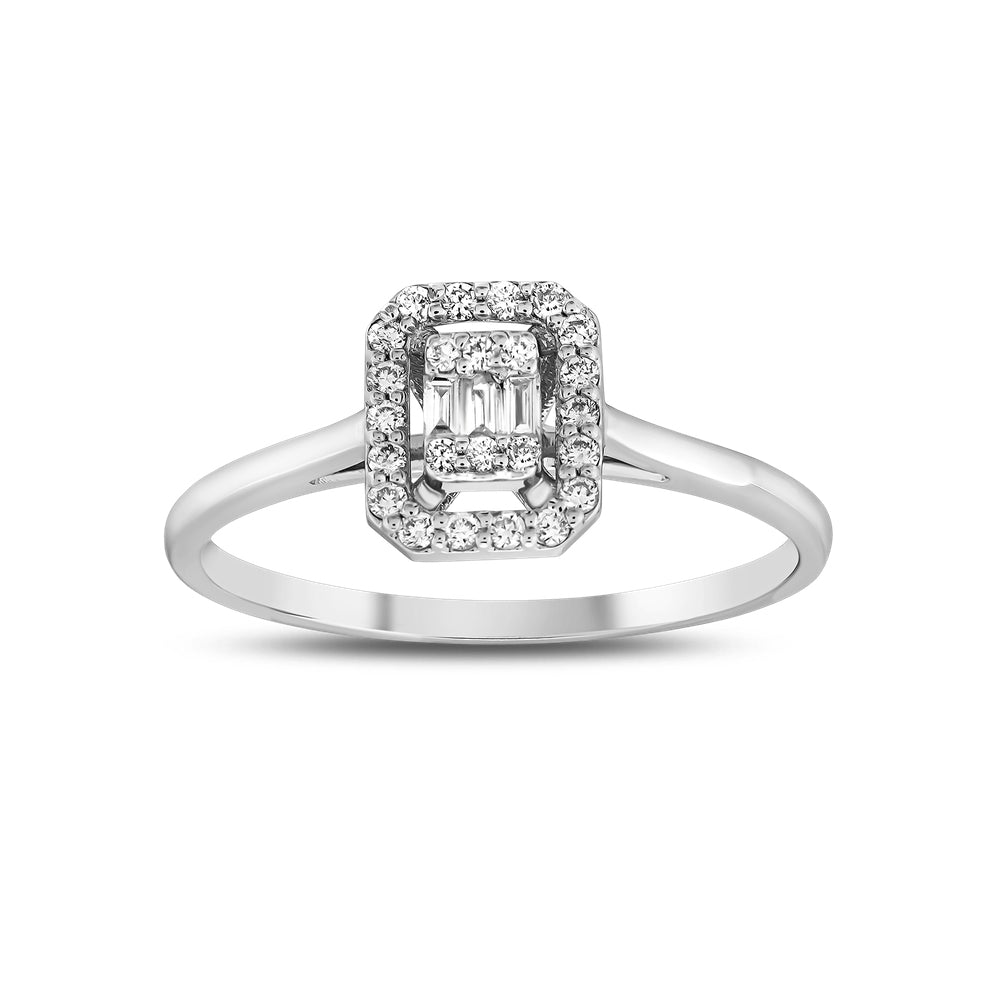 8K White Gold Baguette and Round Diamond Engagement Ring