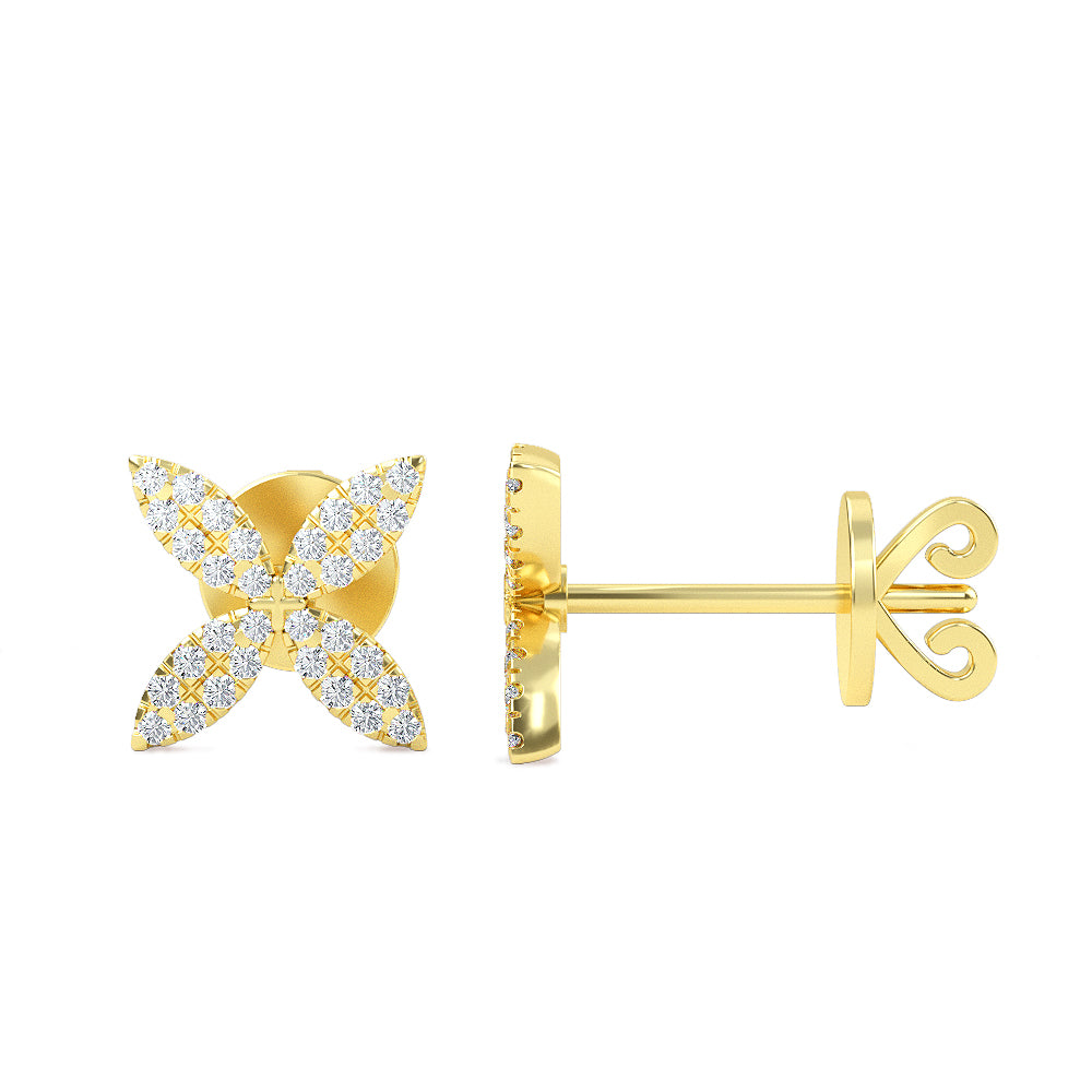 14K Gold Flower Round Diamond Earrings