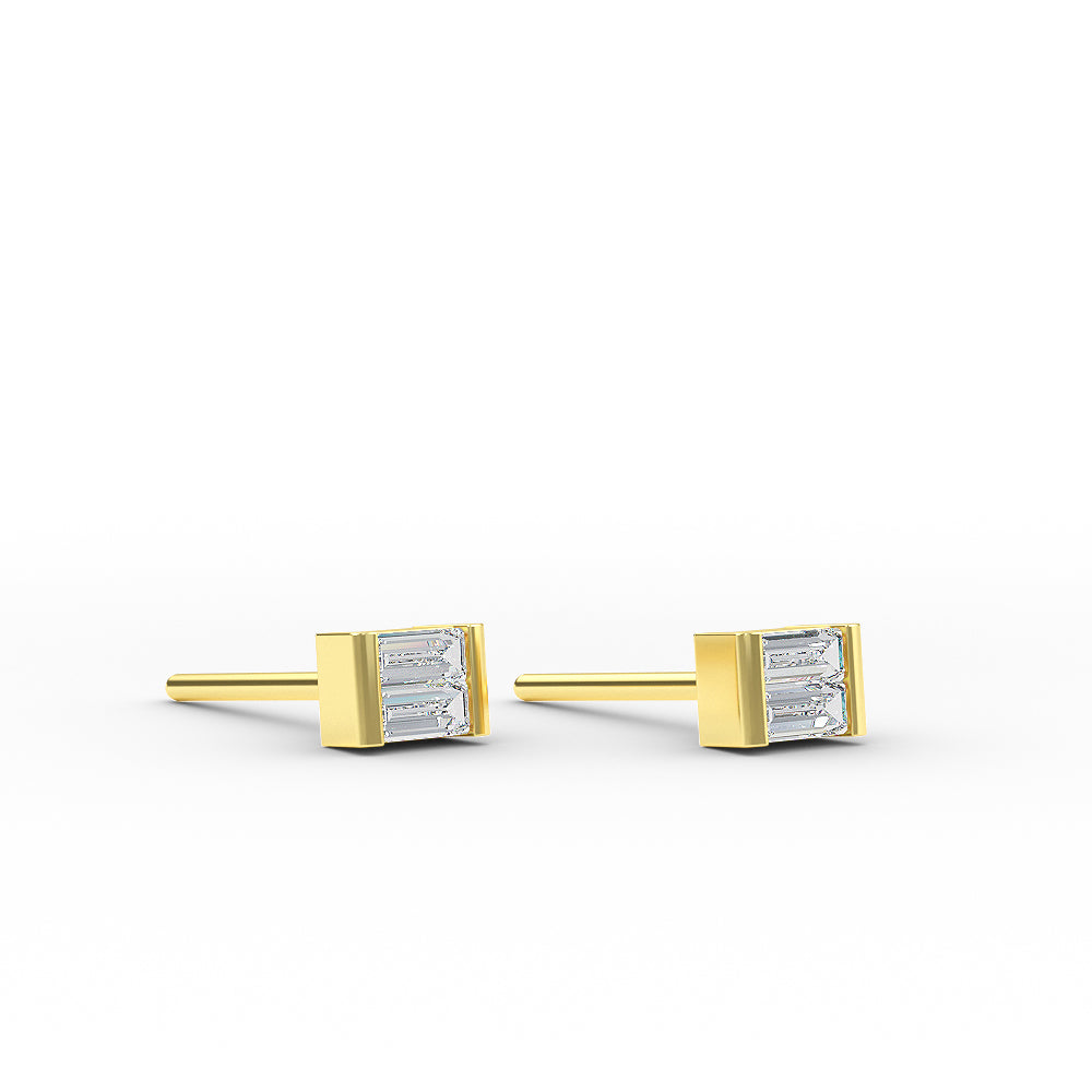 14K Gold Baguette Diamond Small Stud Earrings