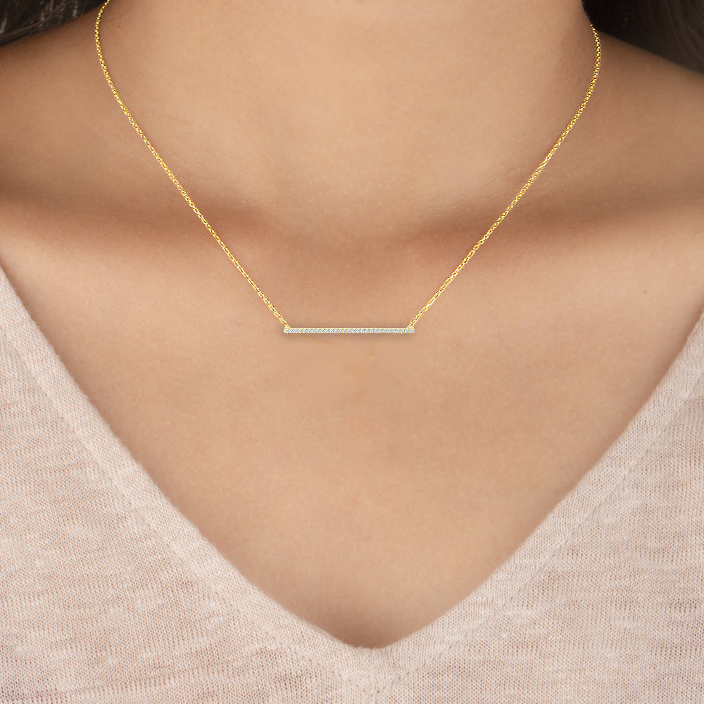 14K Solid Gold Micro Pave Bar Necklace