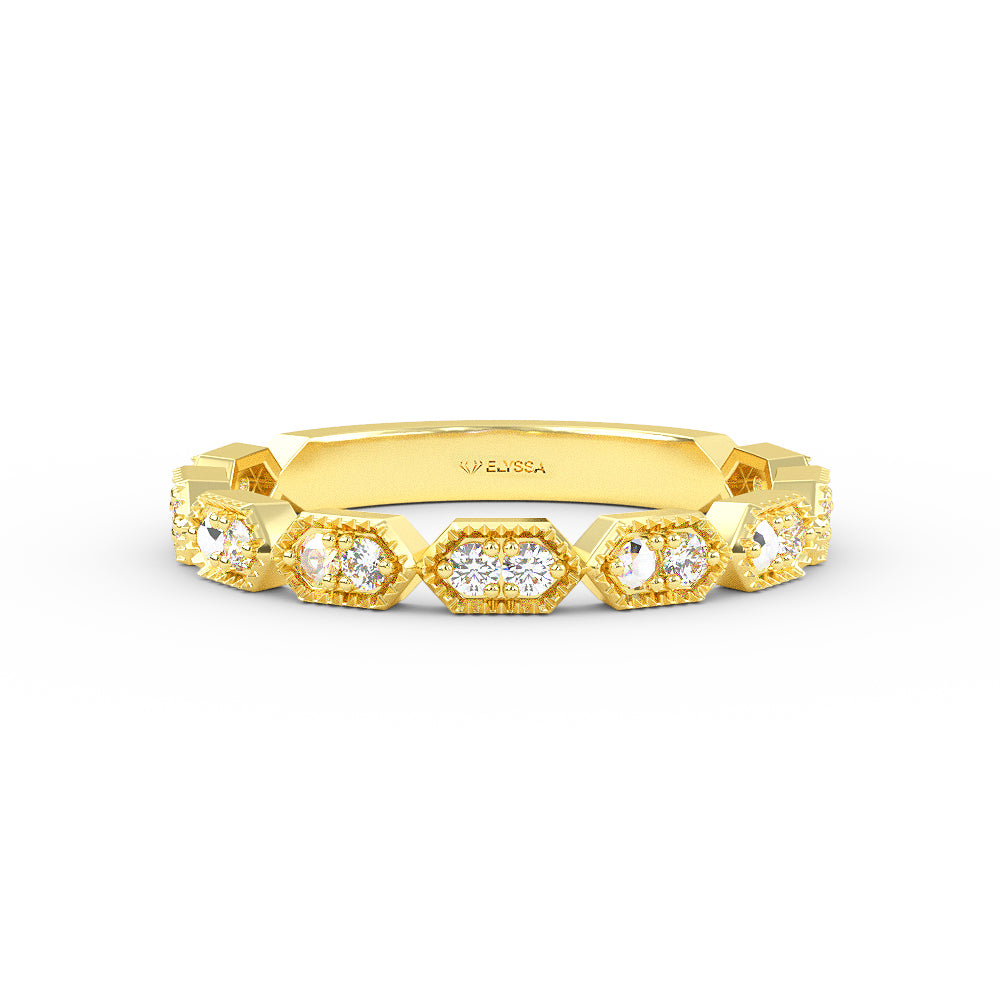 14K Gold Art Deco Round Diamond Wedding Band