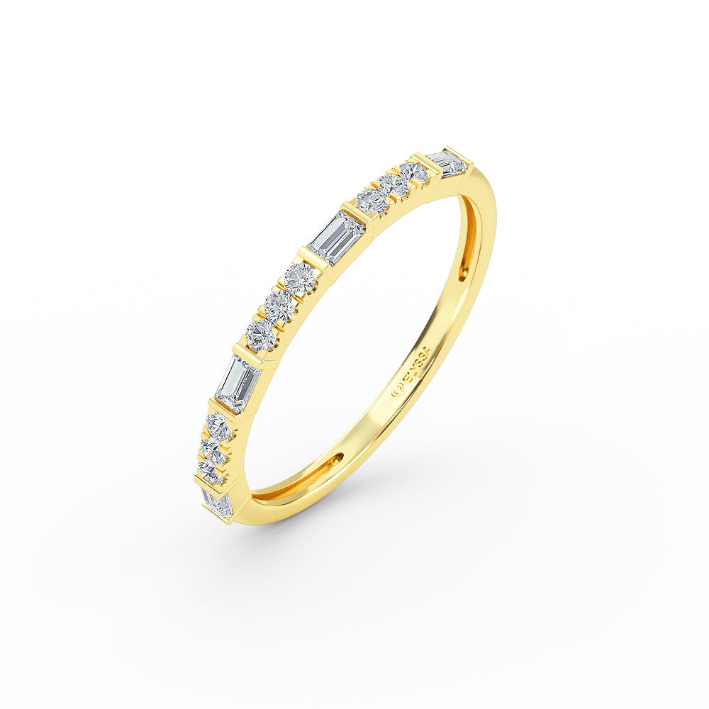 14K Gold Half Eternity Baguette Diamond and Round Diamond Wedding Band